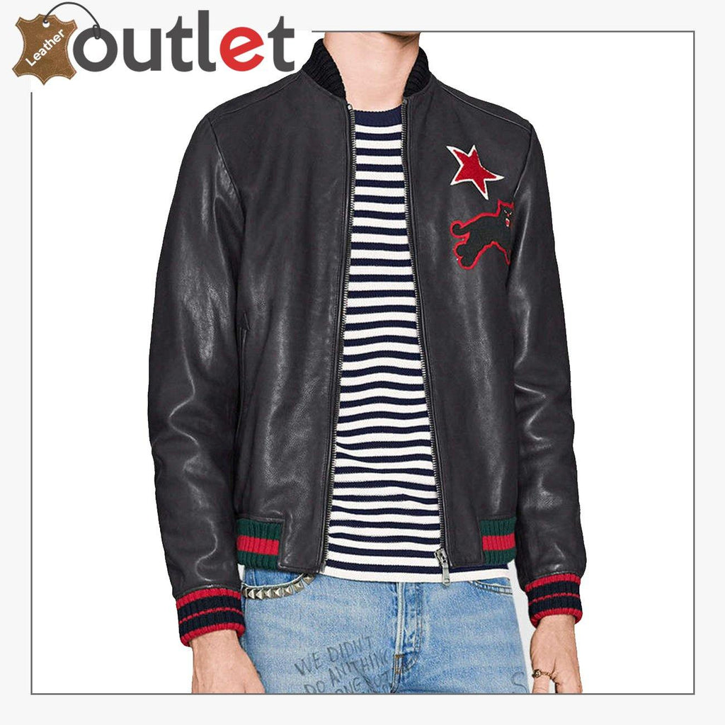 Black Embroidery Leather Bomber Jacket