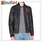 Black Embroidery Leather Bomber Jacket