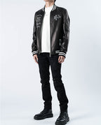 Black Patches Leather Varsity Letterman Bomber Jacket