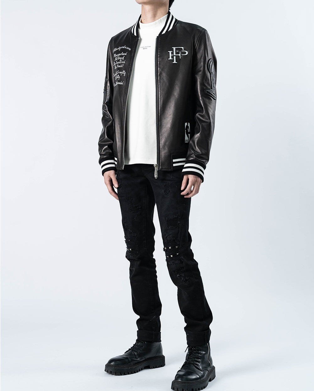 Black Patches Leather Varsity Letterman Bomber Jacket