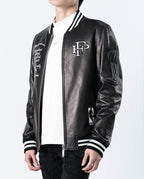 Black Patches Leather Varsity Letterman Bomber Jacket