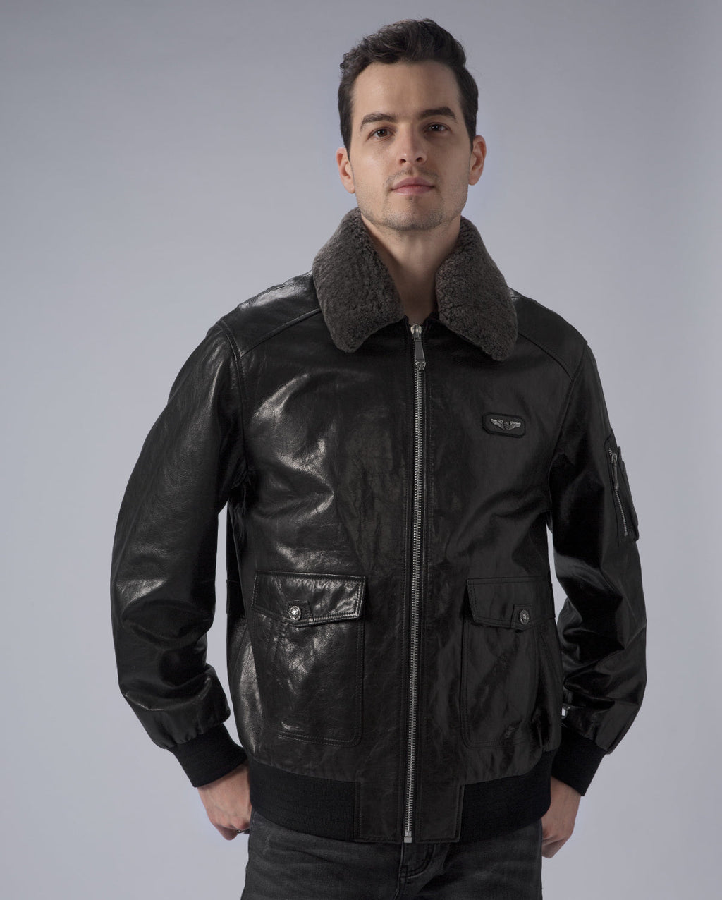 Black G-1 Navy Leather Flight Jacket with Removable Fur Collar