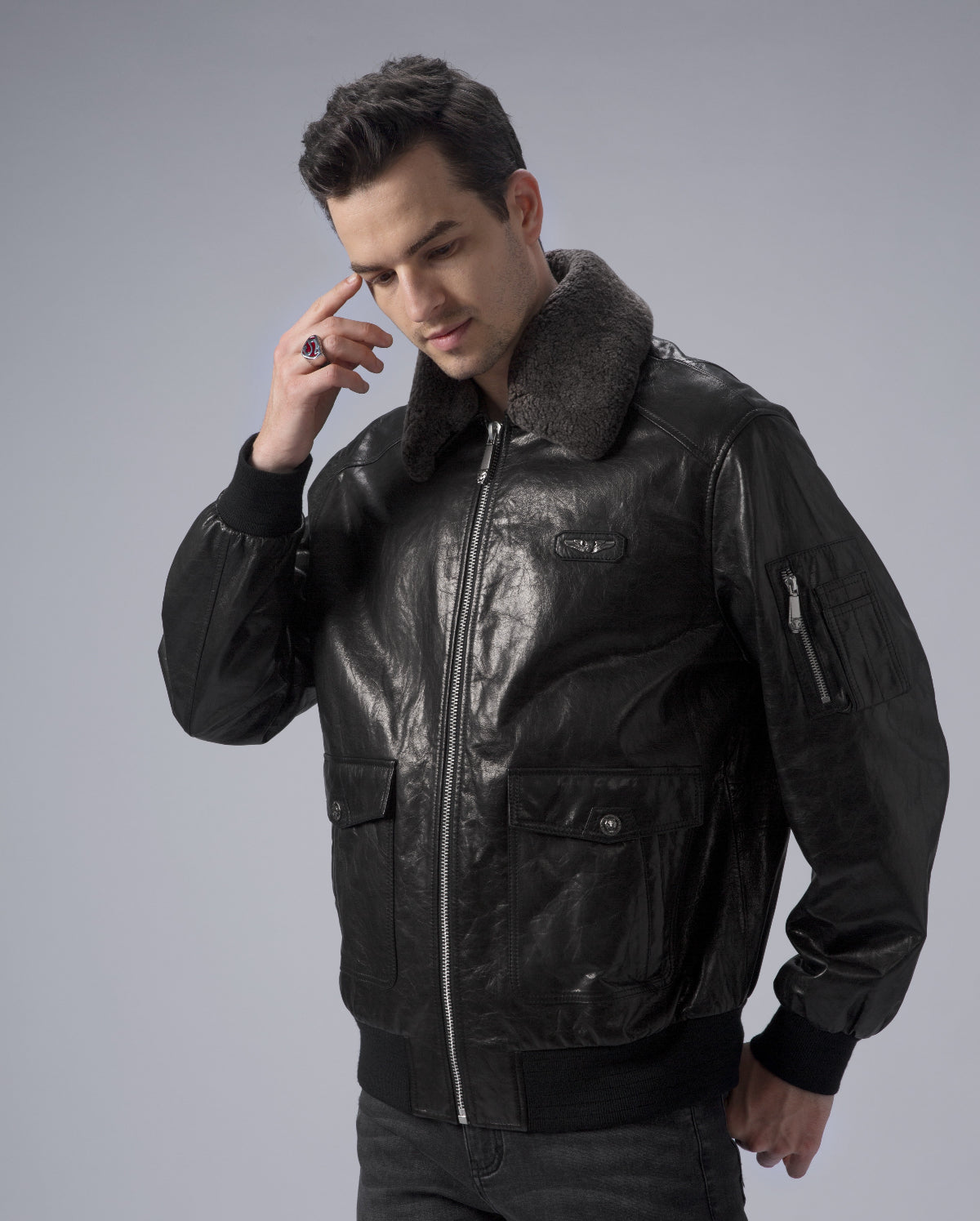 Black G-1 Navy Leather Flight Jacket with Removable Fur Collar