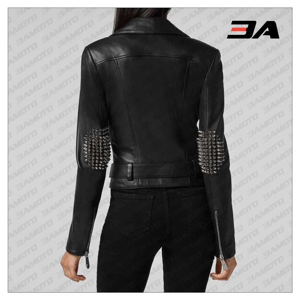 Black Lambskin Leather Silver Studded Biker Jacket