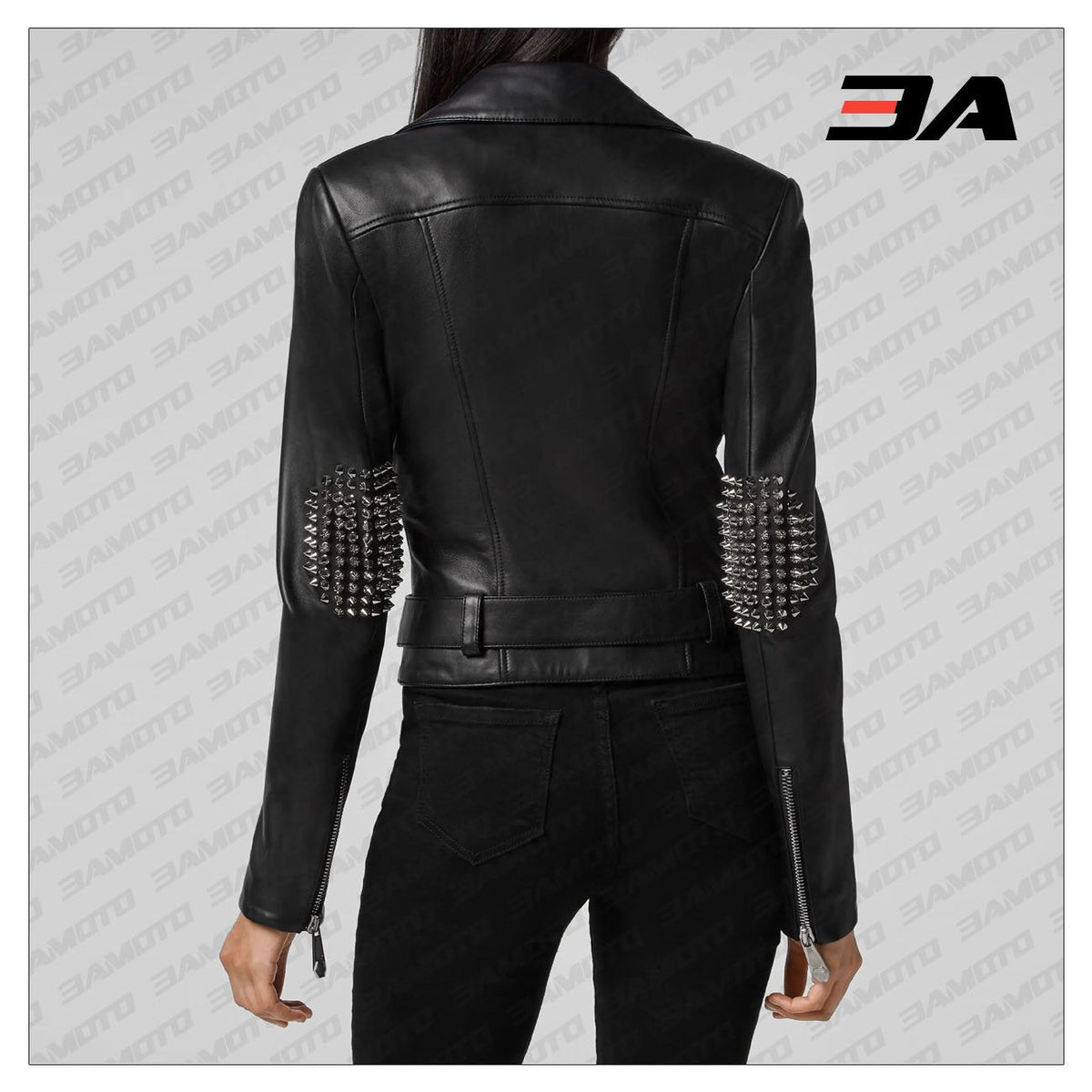 Black Lambskin Leather Silver Studded Biker Jacket