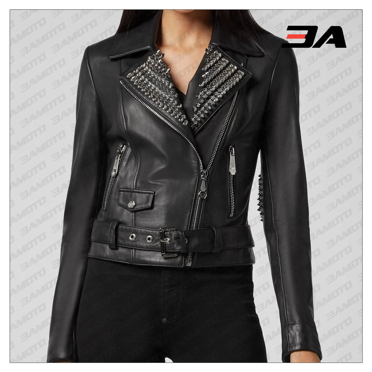 Black Lambskin Leather Silver Studded Biker Jacket