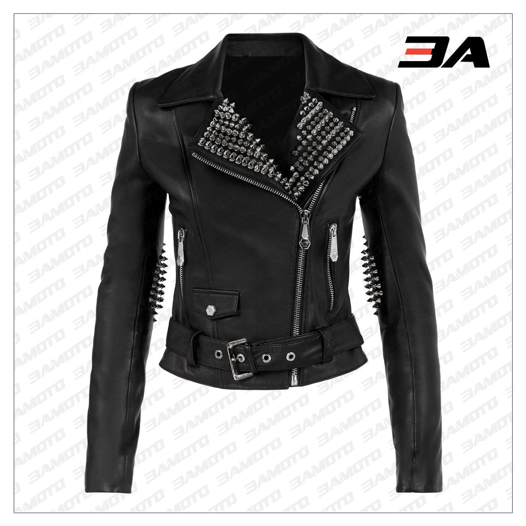 Black Lambskin Leather Silver Studded Biker Jacket