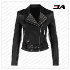 Black Lambskin Leather Silver Studded Biker Jacket