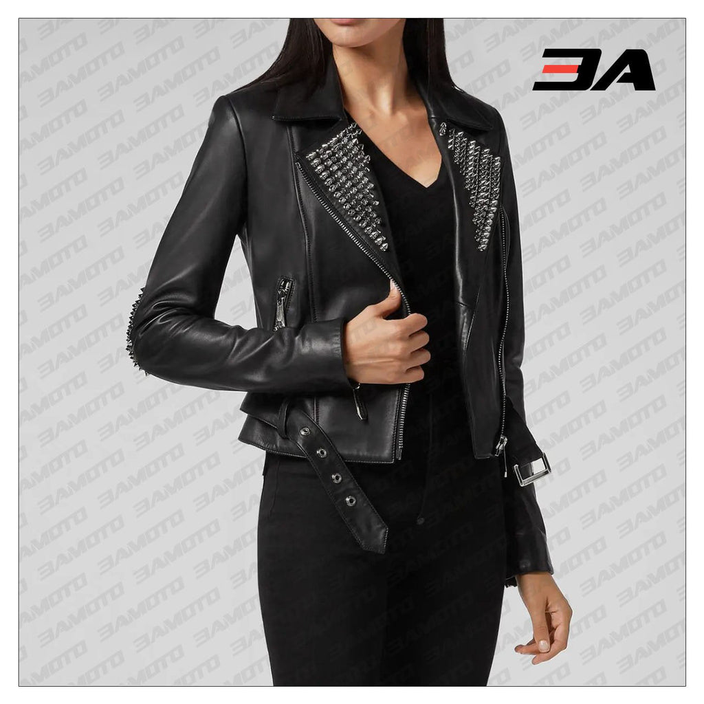 Black Lambskin Leather Silver Studded Biker Jacket