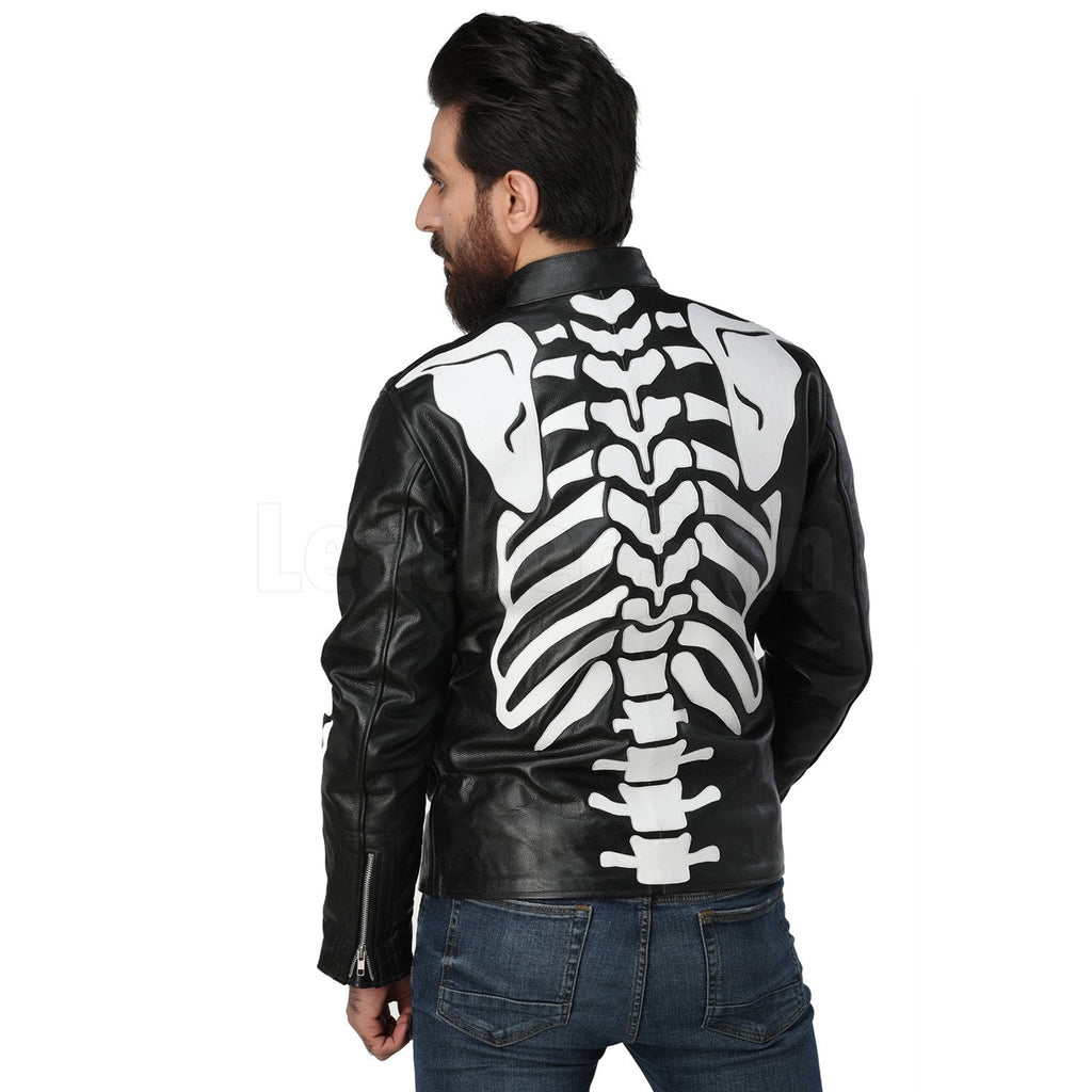 Black Biker Leather Jacket with White Skeleton