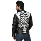 Black Biker Leather Jacket with White Skeleton