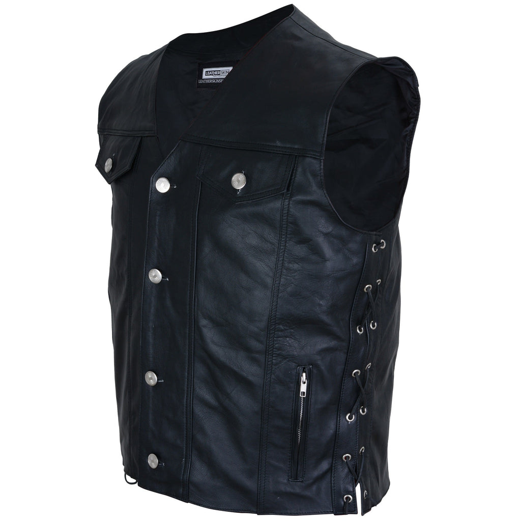 Black Leather Vest for Men - Motorcycle Genuine Leather Biker Vest Mens