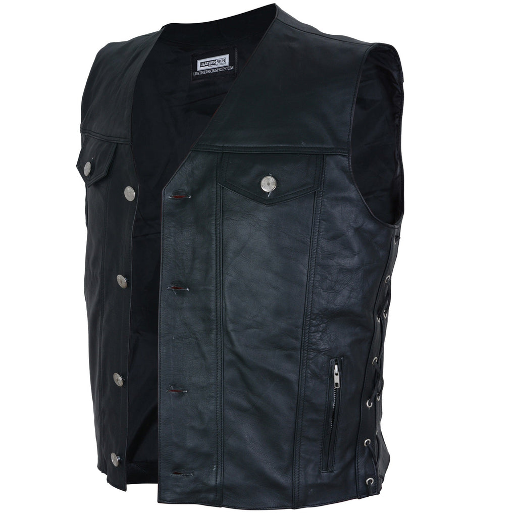 Black Leather Vest for Men - Motorcycle Genuine Leather Biker Vest Mens