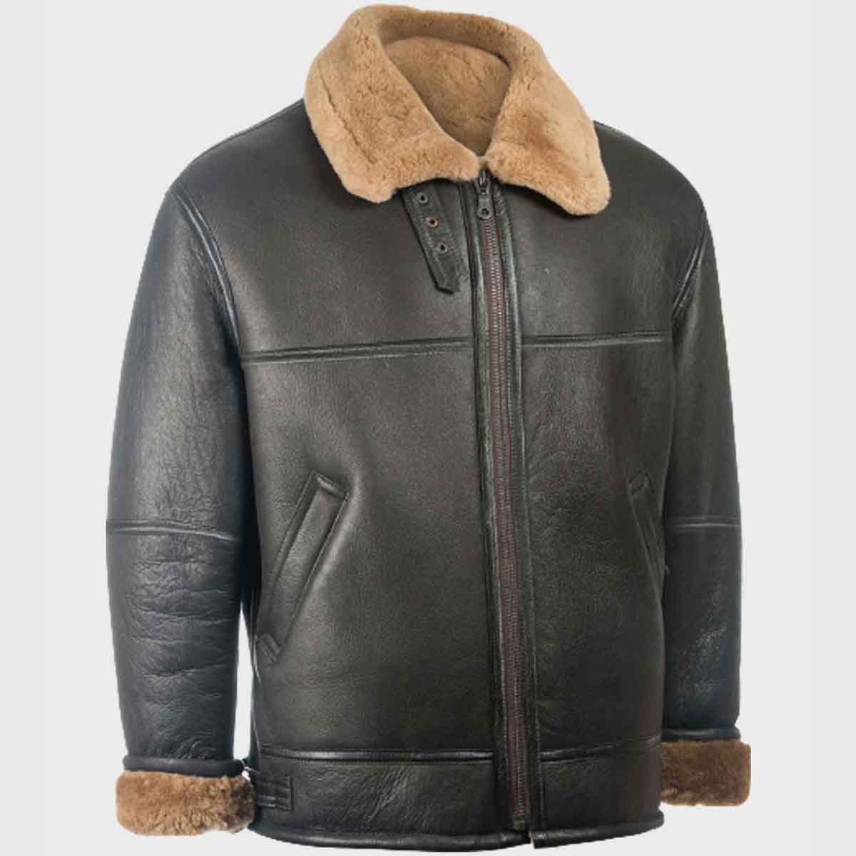 Mens Aviator Black Shearling Sheepskin B3 Leather Jacket