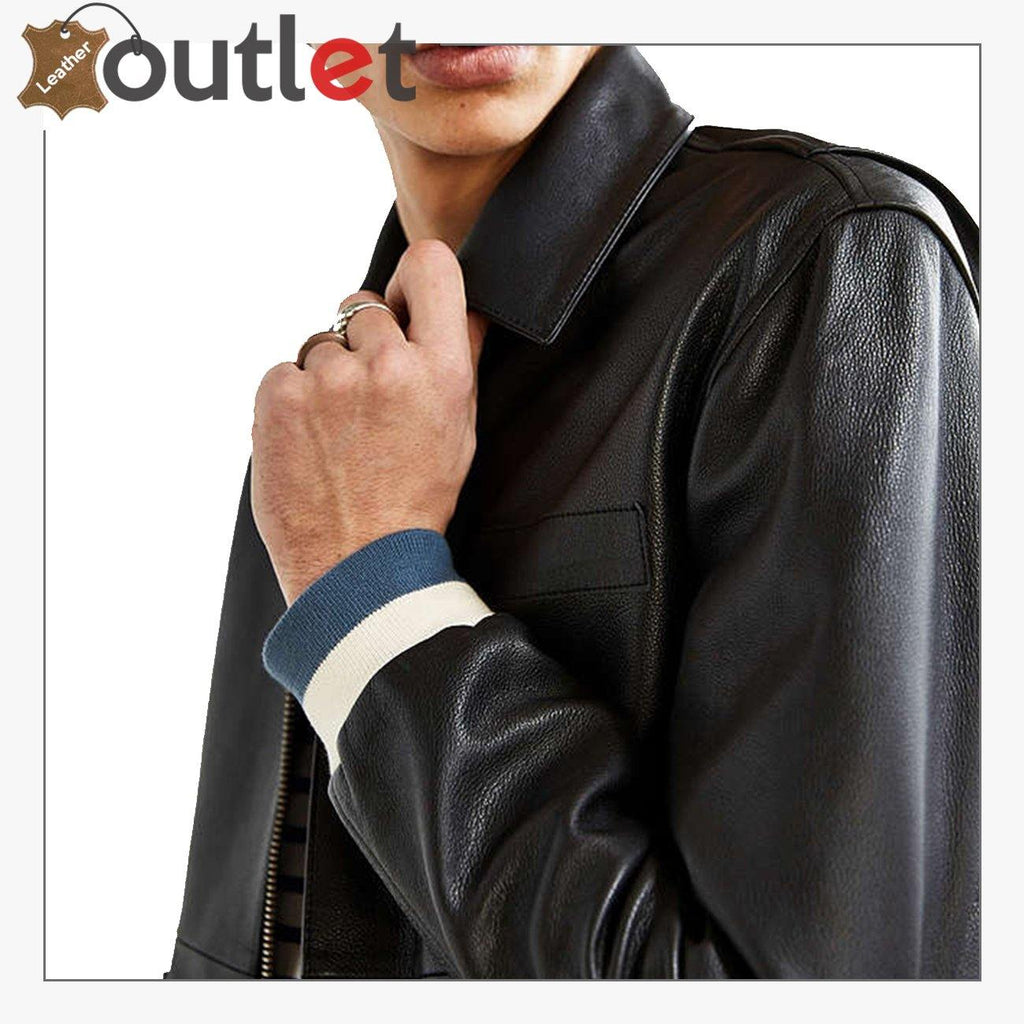 Black Shirt Style Leather Bomber Jacket