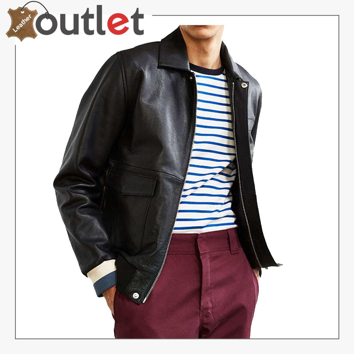 Black Shirt Style Leather Bomber Jacket