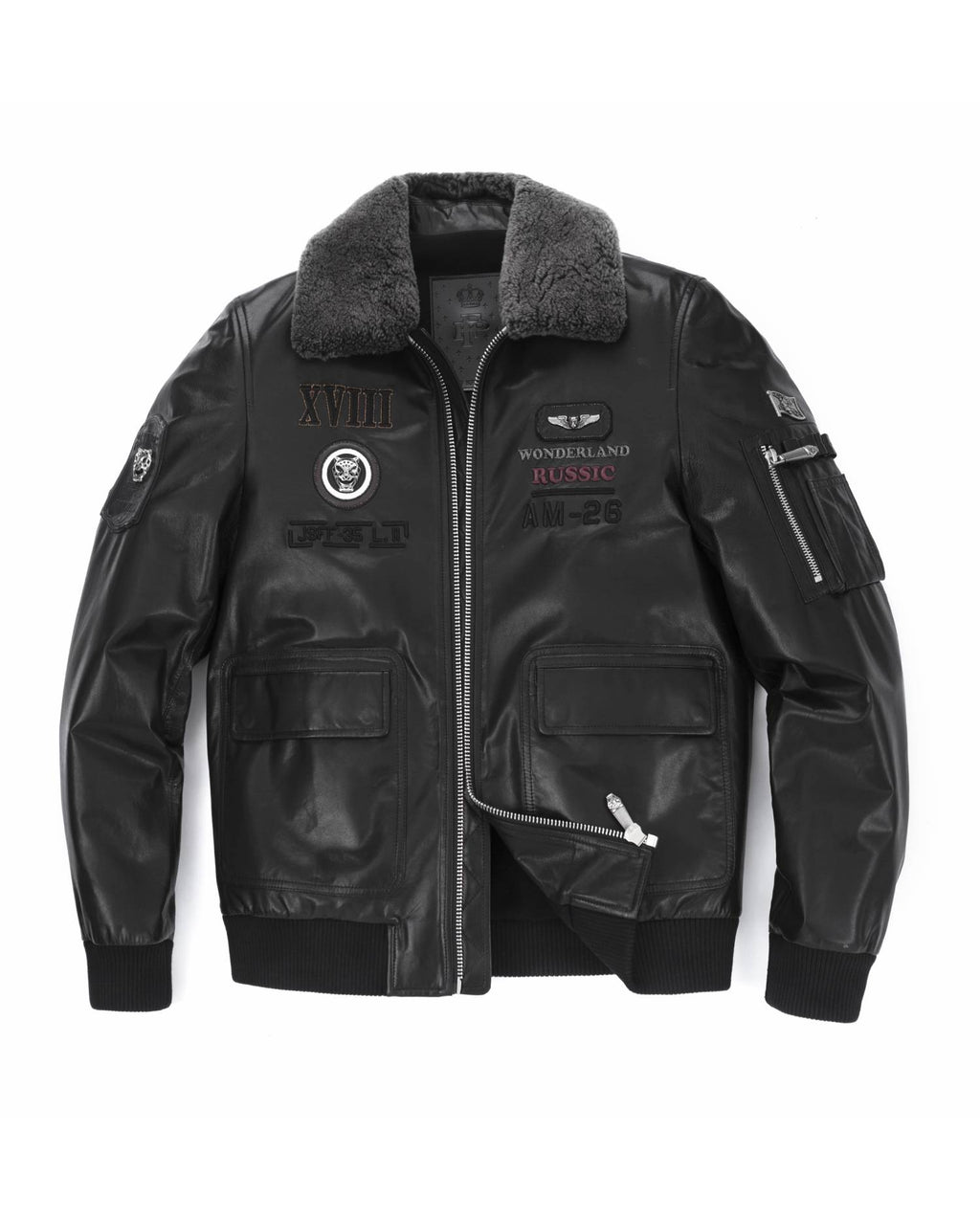 Black Wool Fur Collar Patched Leather Bomber Jacket