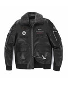 Black Wool Fur Collar Patched Leather Bomber Jacket
