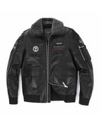 Black Wool Fur Collar Patched Leather Bomber Jacket