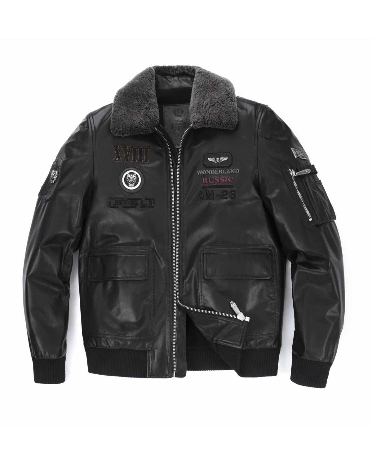 Black Wool Fur Collar Patched Leather Bomber Jacket