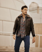 Black Wool Fur Collar Patched Leather Bomber Jacket