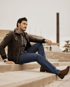 Black Wool Fur Collar Patched Leather Bomber Jacket