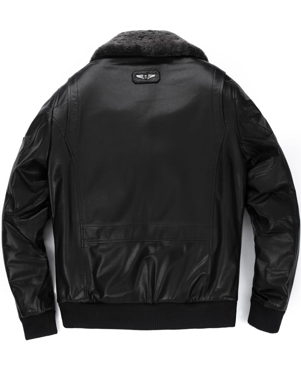 Black Wool Fur Collar Patched Leather Bomber Jacket