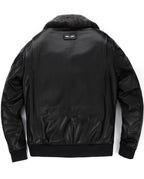 Black Wool Fur Collar Patched Leather Bomber Jacket