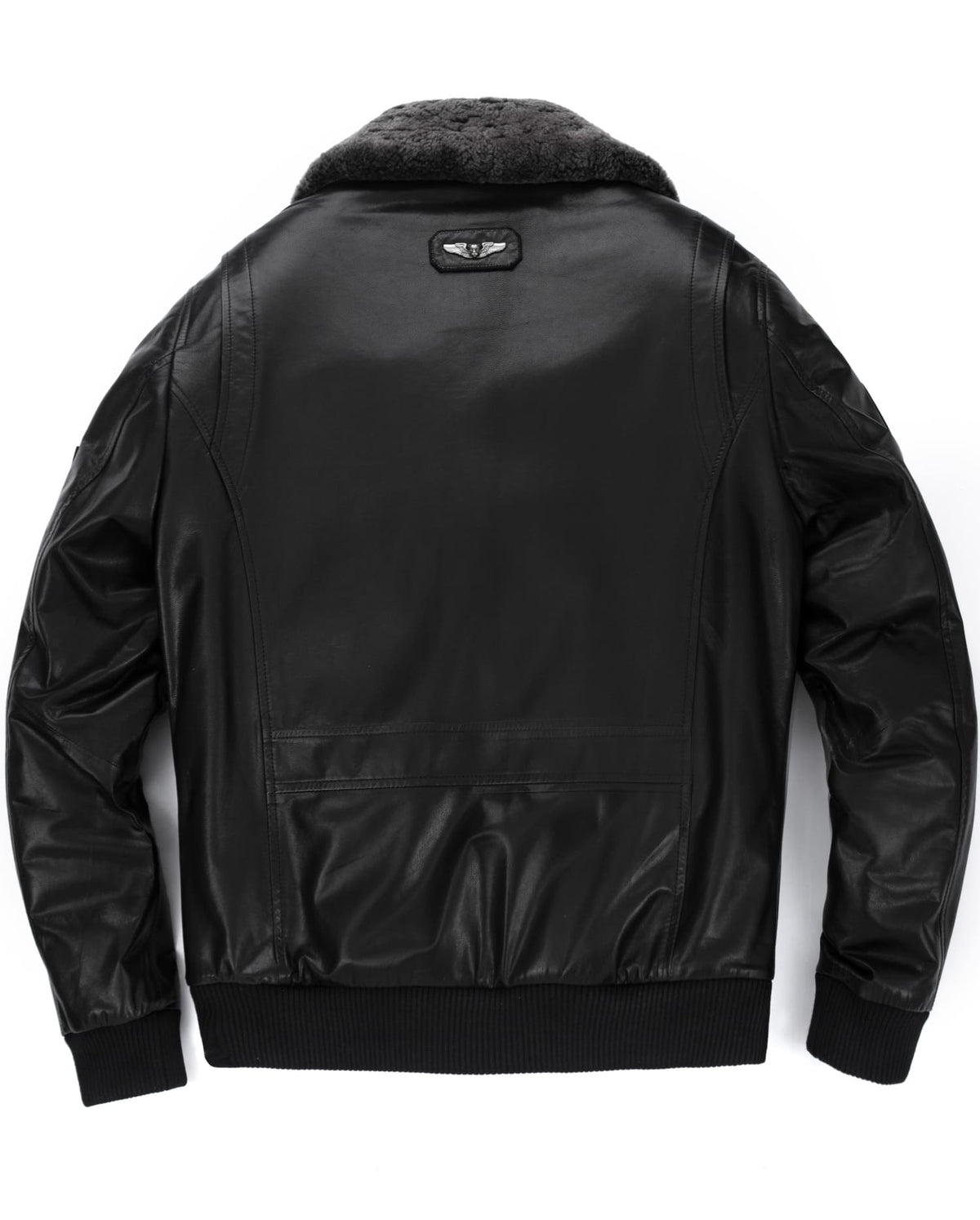 Black Wool Fur Collar Patched Leather Bomber Jacket