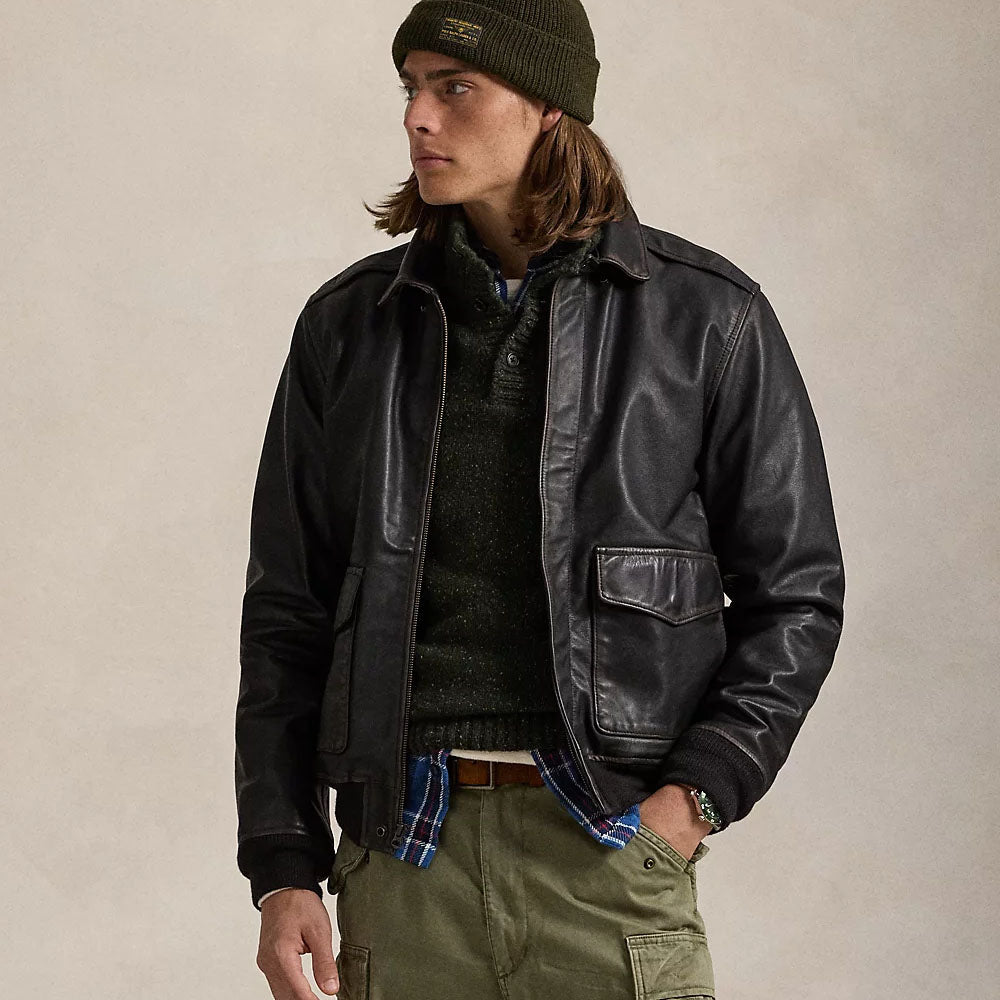 Black A2 Real Goatskin Leather Flight Bomber Jacket