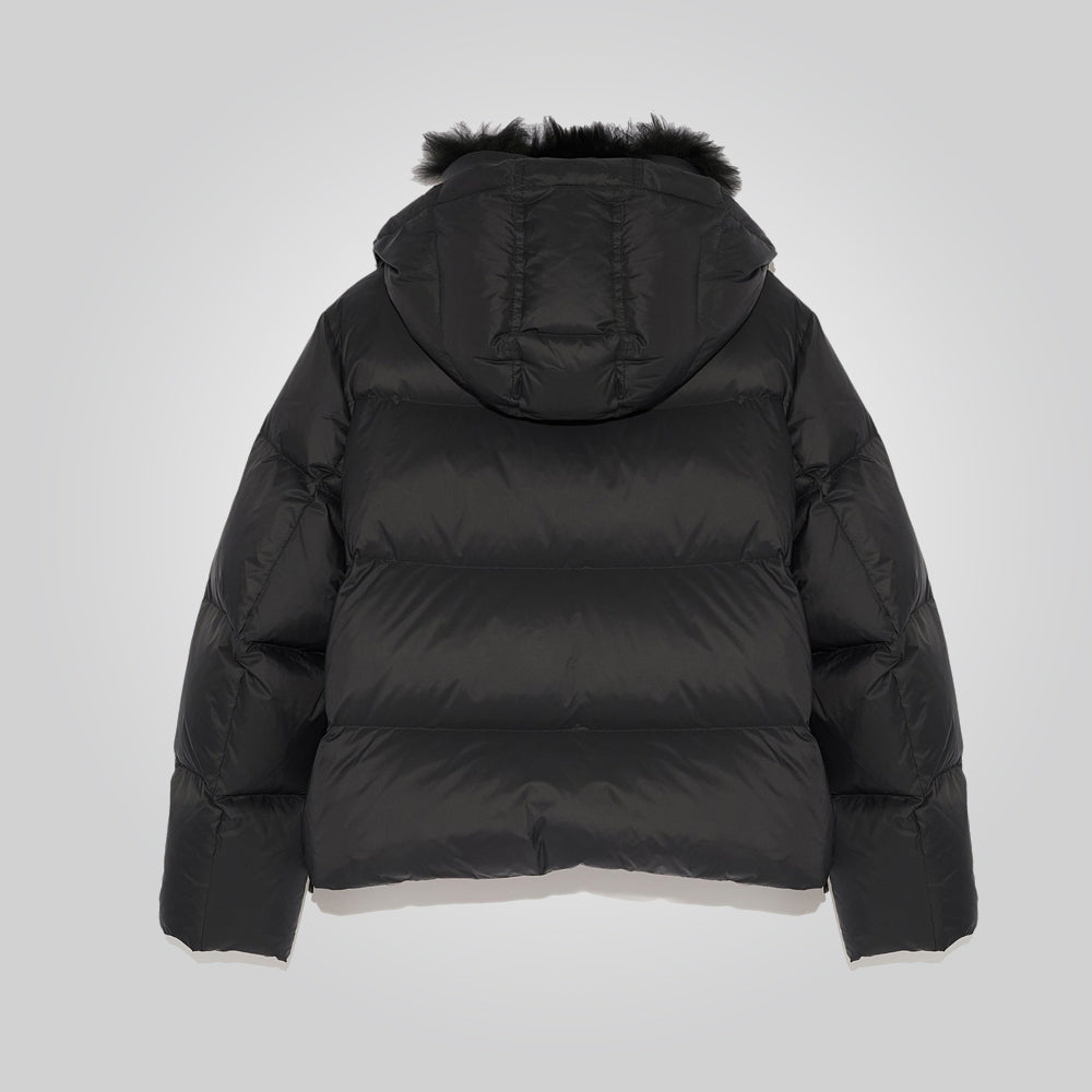 Black Down Puffer Jacket For Women With Fur Lining