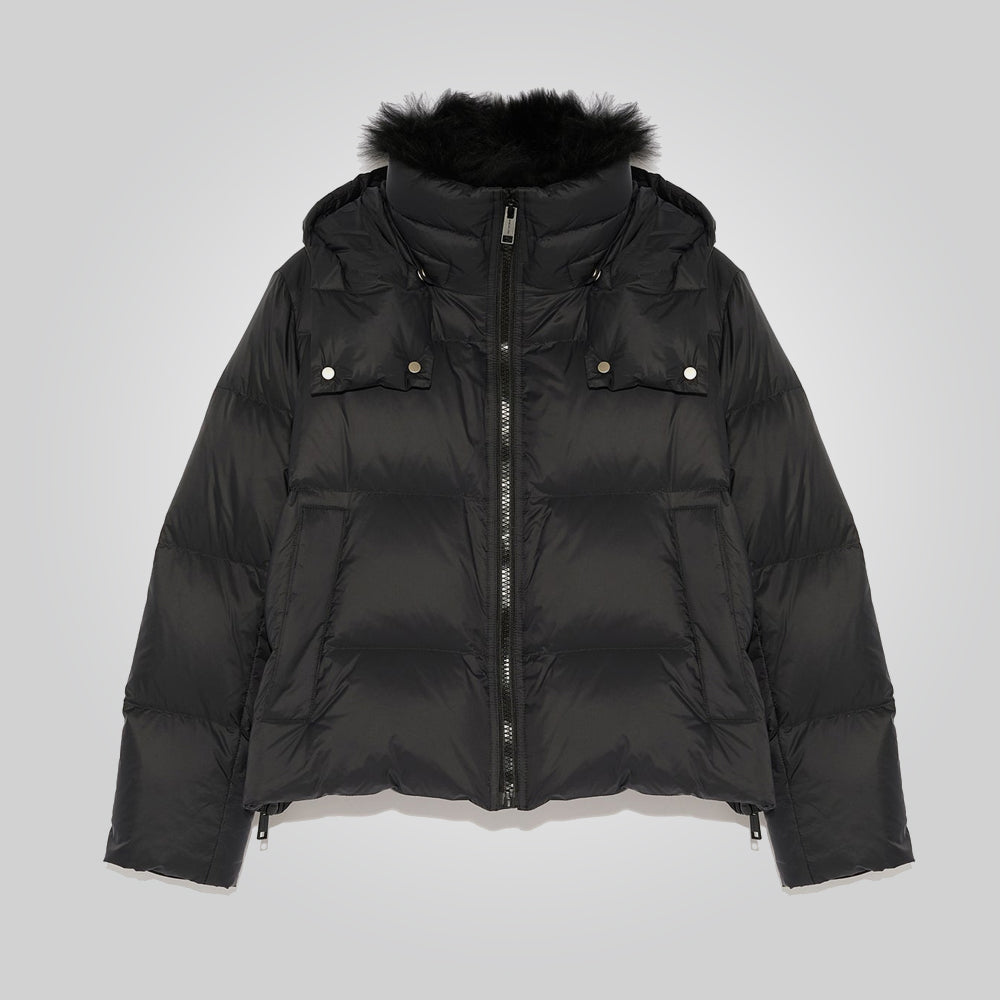 Black Down Puffer Jacket For Women With Fur Lining