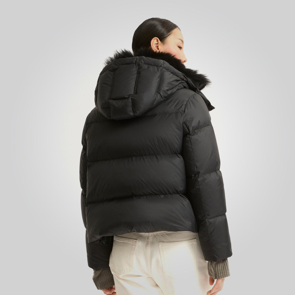 Black Down Puffer Jacket For Women With Fur Lining