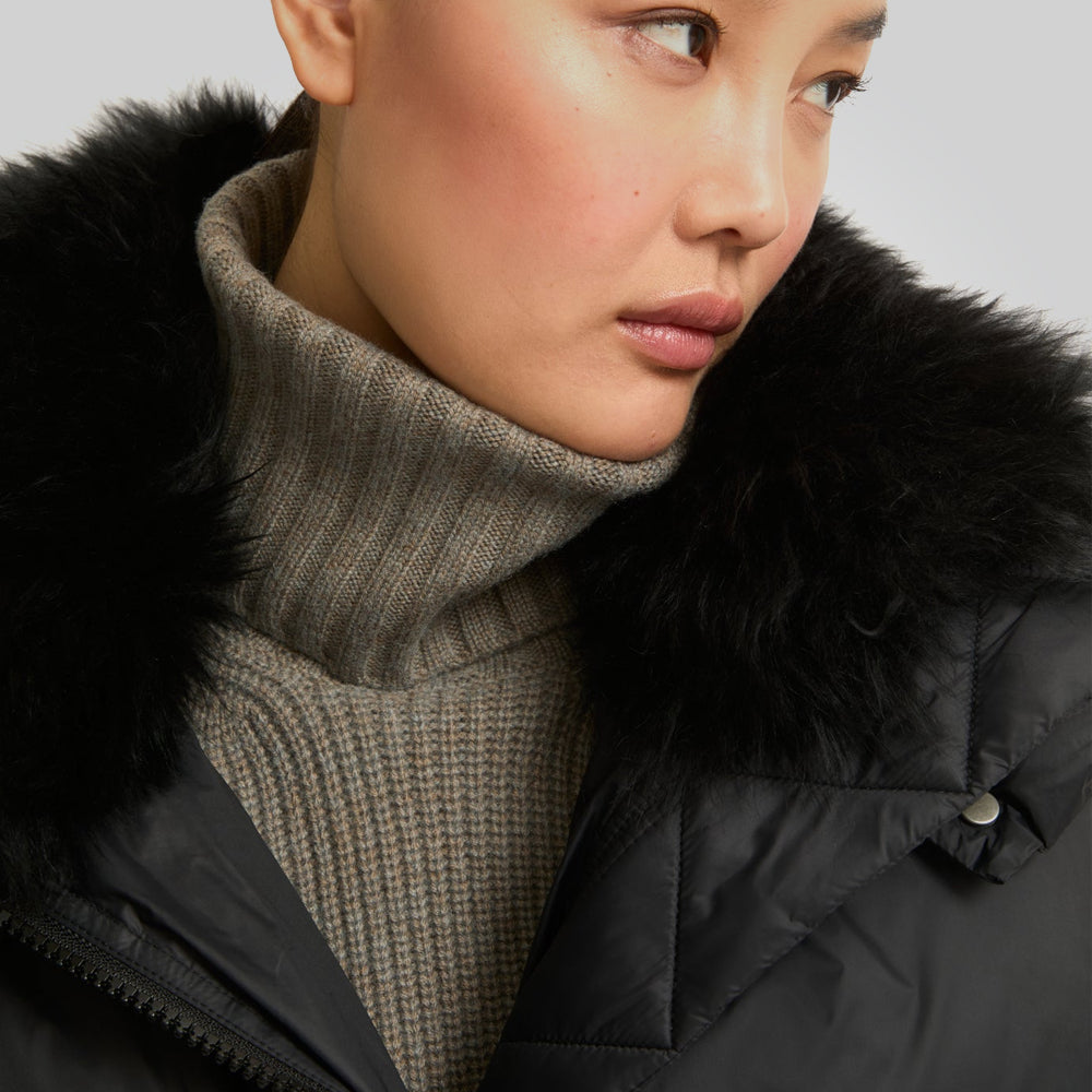 Black Down Puffer Jacket For Women With Fur Lining