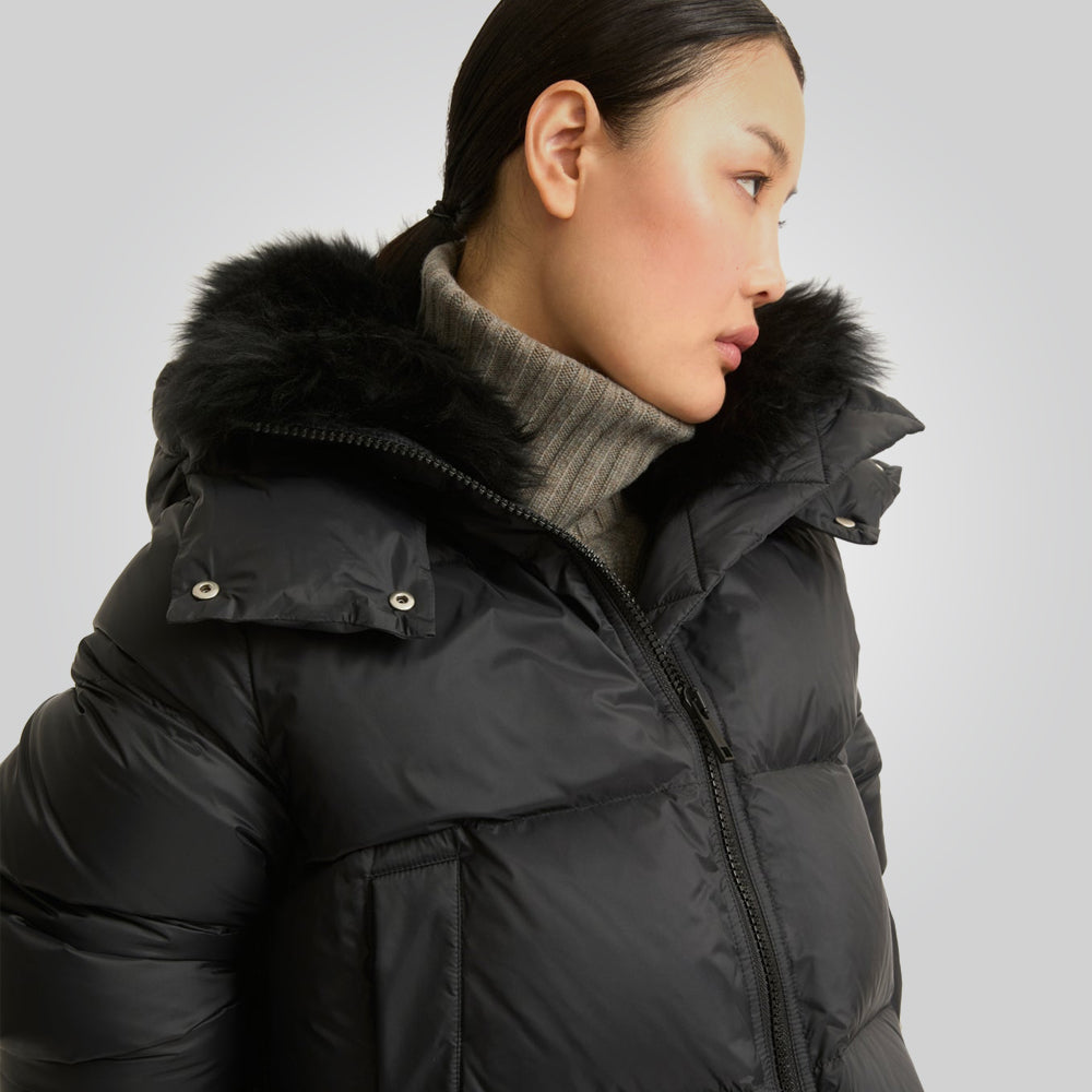 Black Down Puffer Jacket For Women With Fur Lining