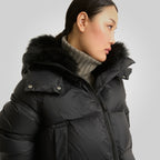 Black Down Puffer Jacket For Women With Fur Lining