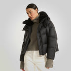 Black Down Puffer Jacket For Women With Fur Lining