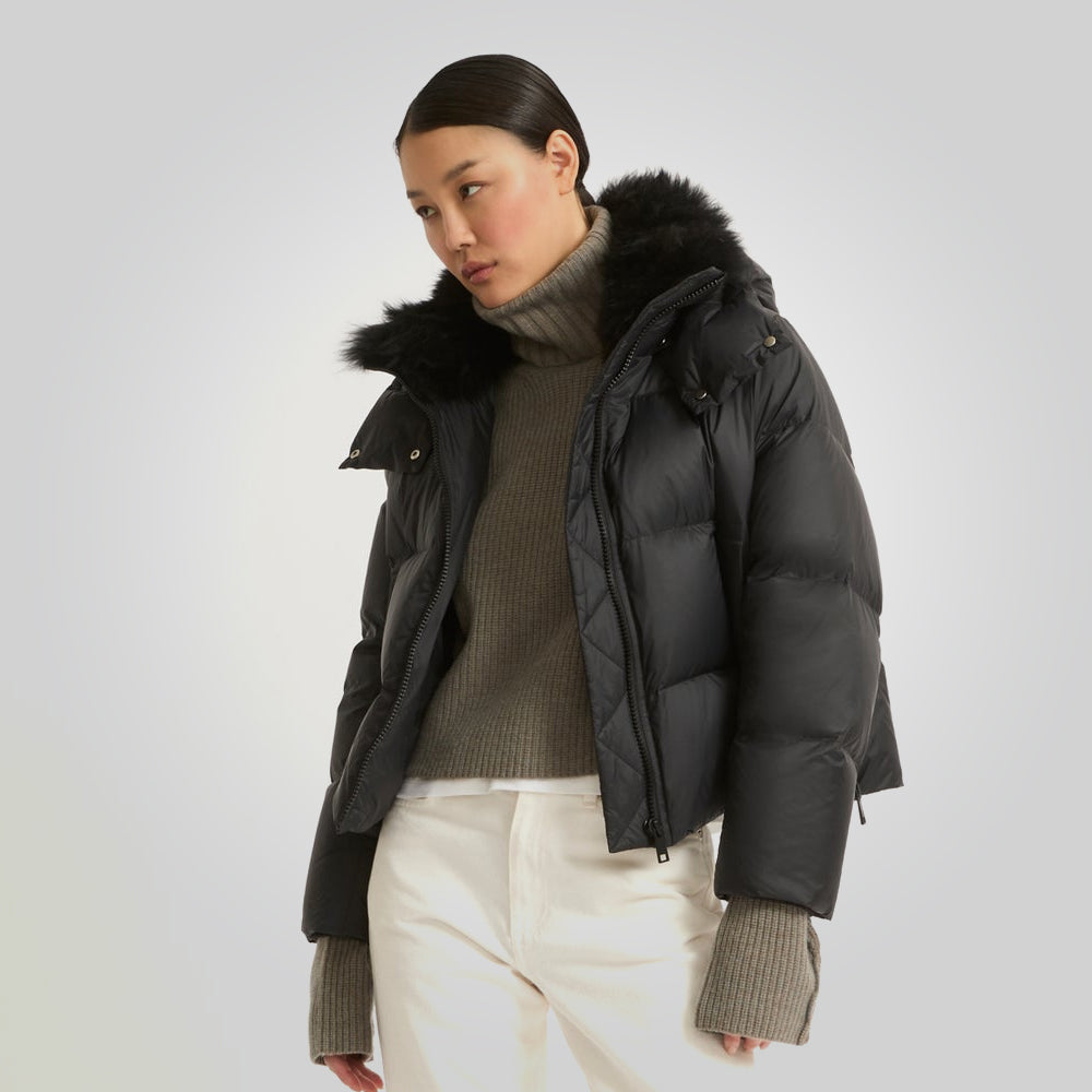 Black Down Puffer Jacket For Women With Fur Lining
