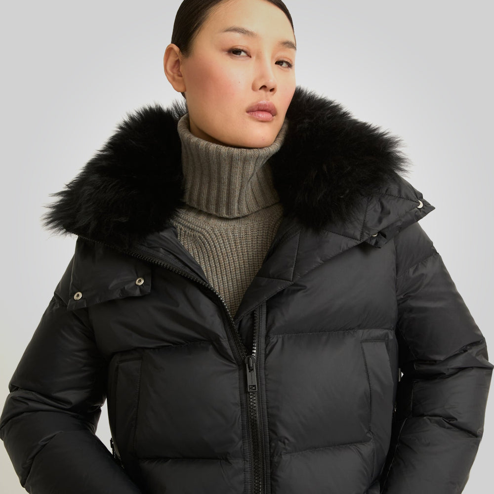 Black Down Puffer Jacket For Women With Fur Lining