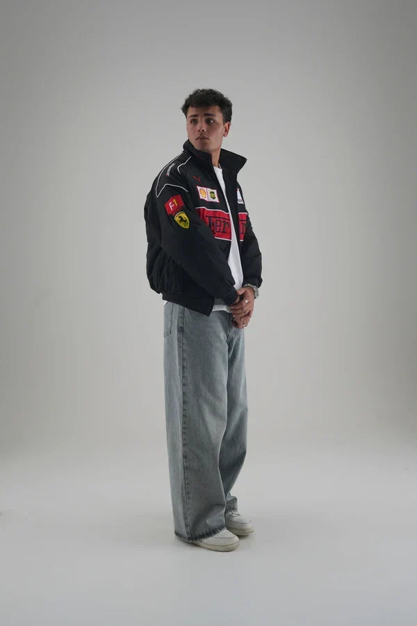 Black Ferrari Embroidered Jacket – Racing Streetwear