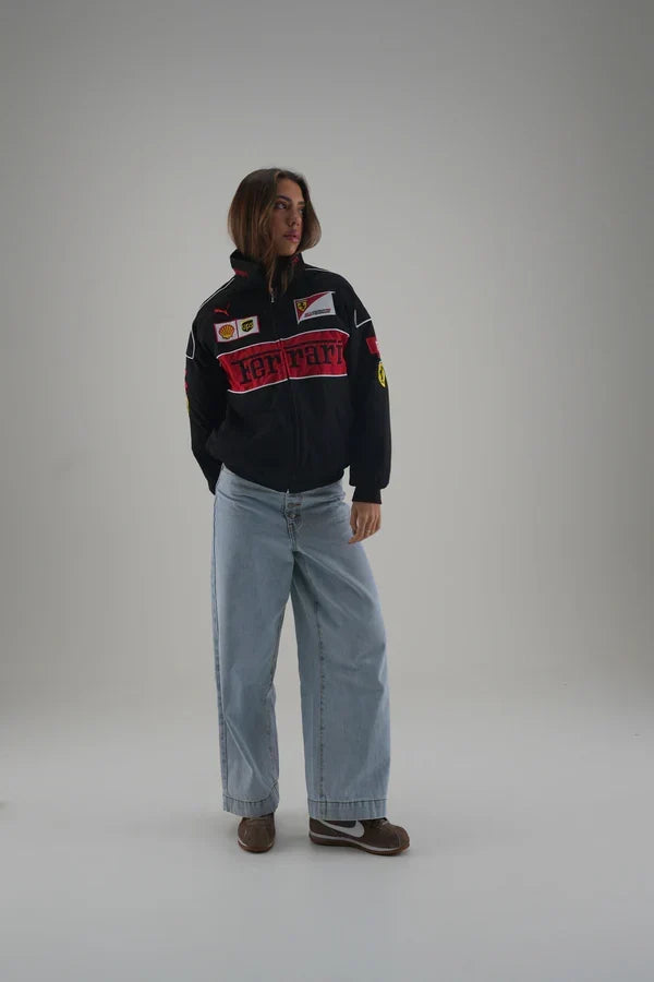 Black Ferrari Embroidered Jacket – Motorsport Streetwear Essential | Streetbred