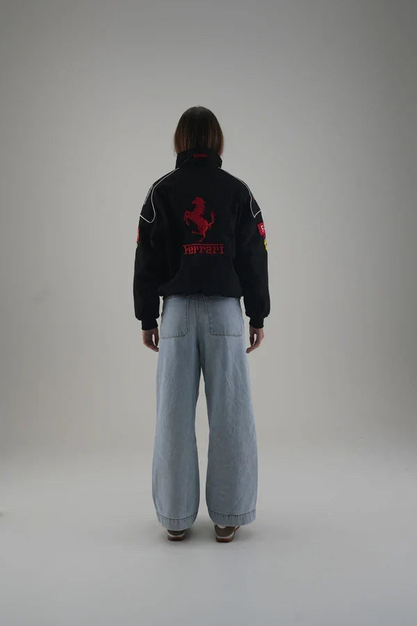 Black Ferrari Embroidered Jacket – Motorsport Streetwear Essential | Streetbred