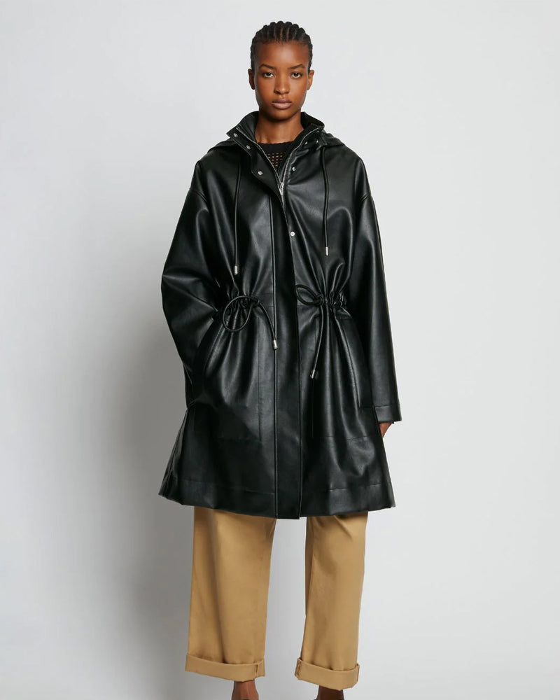 Black Hooded Sheepskin Leather Trench Duster Coat - Stylish & Warm