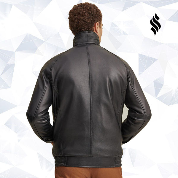 Black Lined Leather Bomber Jacket