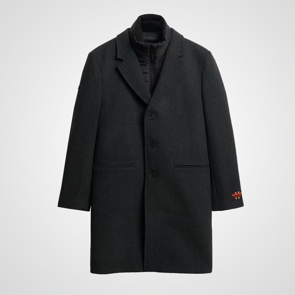 Black Royal Pea Coat With Attached Puffer Jacket
