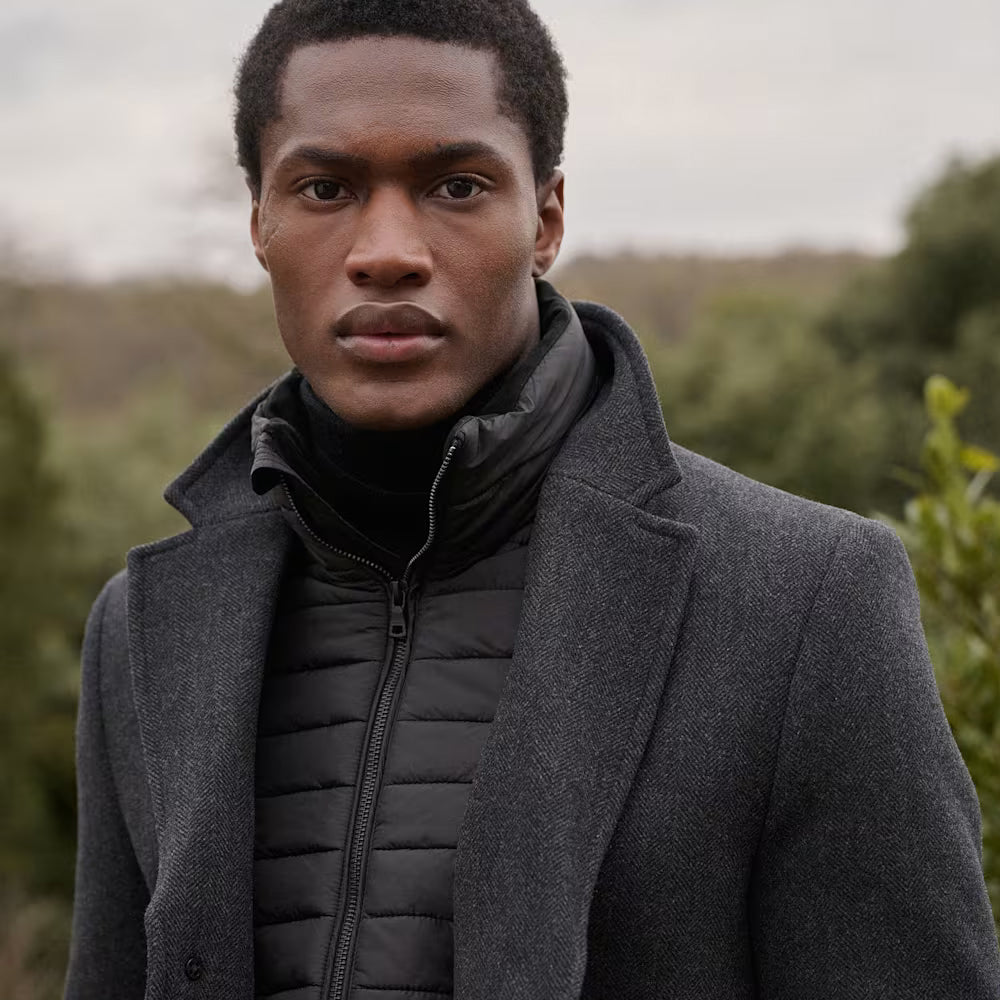 Black Royal Pea Coat With Attached Puffer Jacket