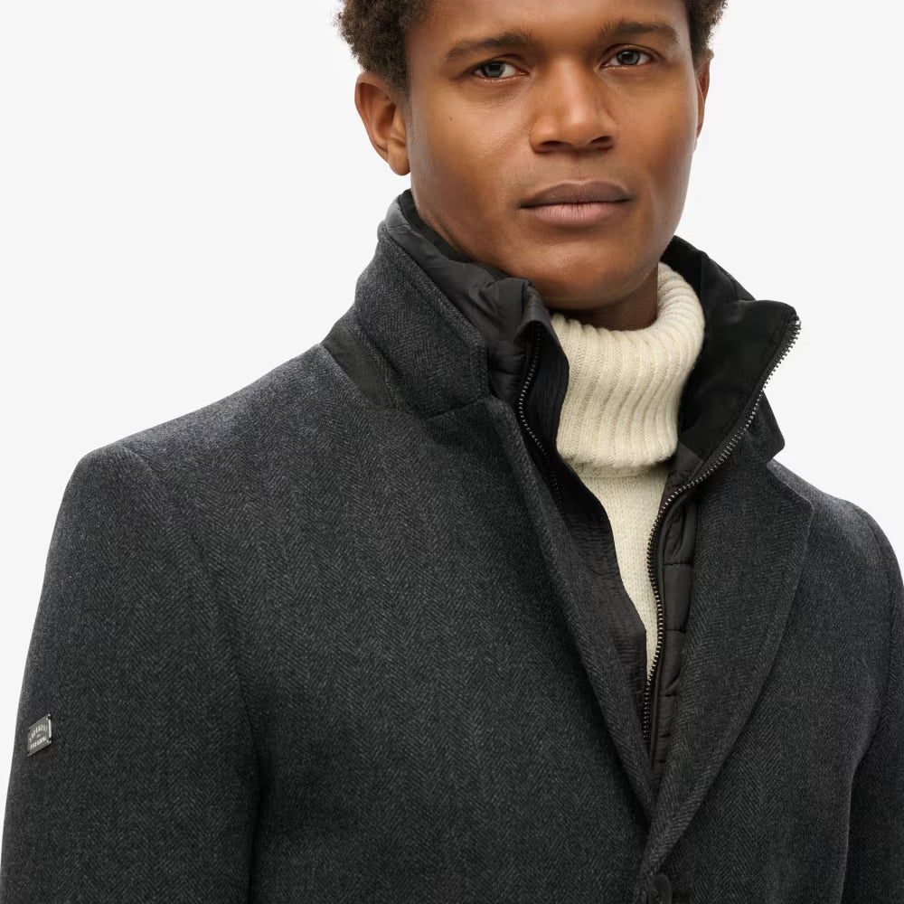 Black Royal Pea Coat With Attached Puffer Jacket