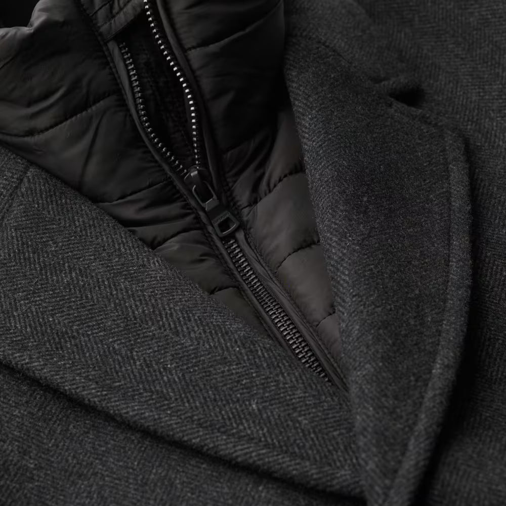 Black Royal Pea Coat With Attached Puffer Jacket