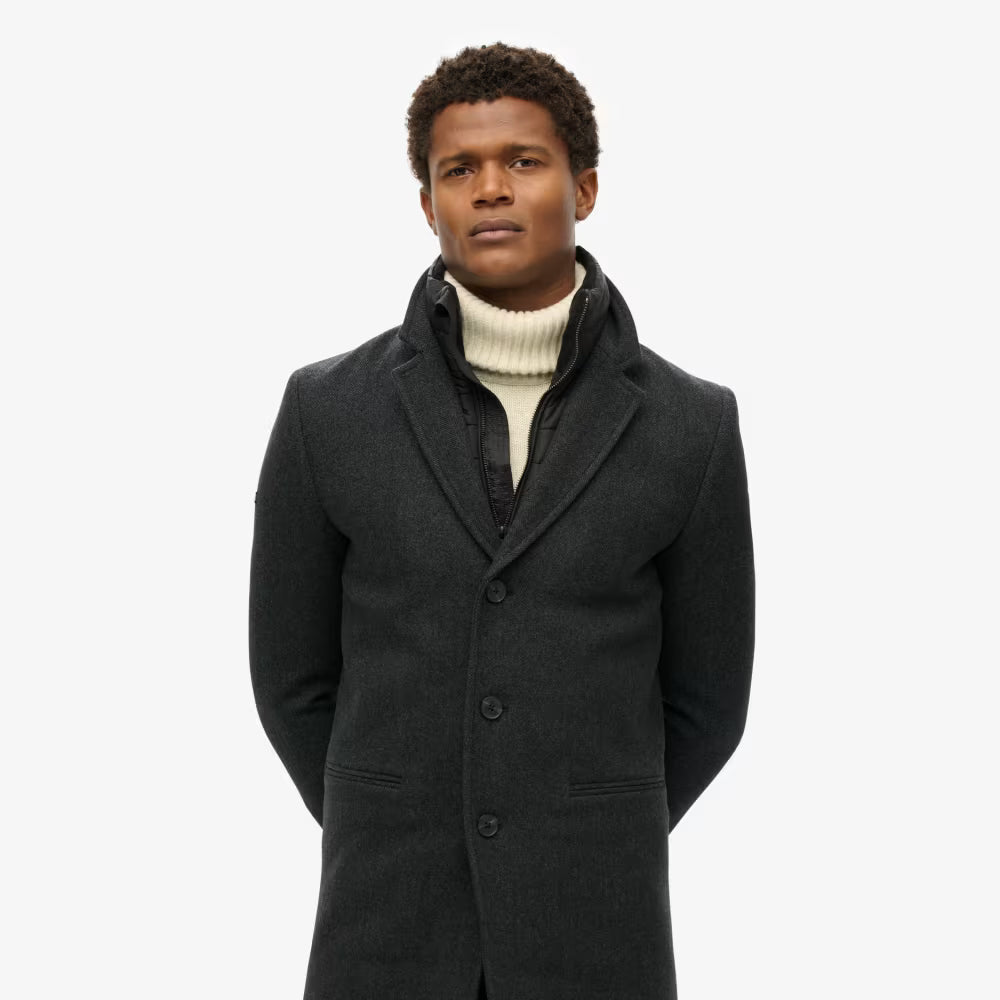 Black Royal Pea Coat With Attached Puffer Jacket