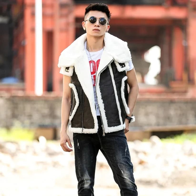 Black Shearling Leather fur Vest for Men